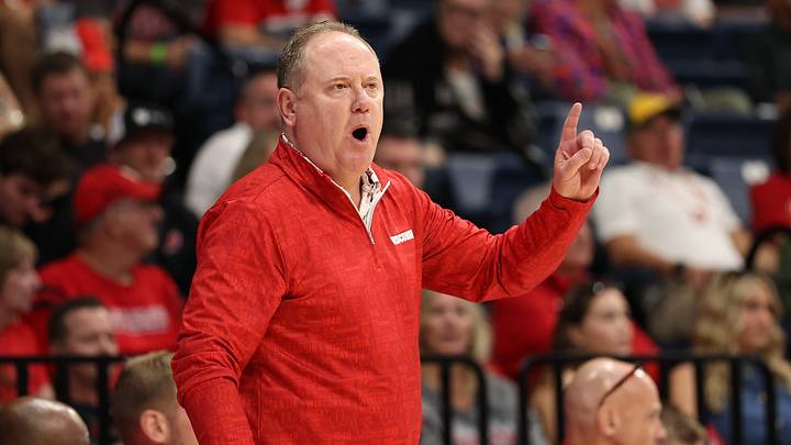 Nov 27, 2025; San Diego, CA, USA; Wisconsin Badgers head coach Greg Gard reacts against the Providence Friars during the first half  at Jenny Craig Pavilion. Mandatory Credit: Abe Arredondo-Imagn Images