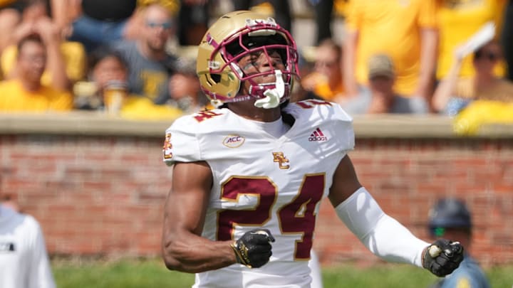 Sep 14, 2024; Columbia, Missouri, USA; Boston College Eagles cornerback Amari Jackson (24) reacts after nearly intercepting a pass from Missouri Tigers quarterback Brady Cook (12) (not pictured) during the first half at Faurot Field at Memorial Stadium. Mandatory Credit: Denny Medley-Imagn Images