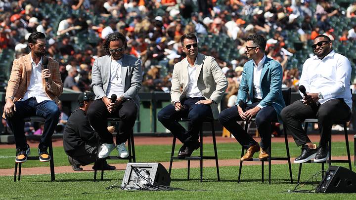 San Francisco, California, USA; From left, Former Giants Brandon Belt, Brandon Crawford, Joe Panik, Buster Posey, and Pablo Sandoval are honored before a baseball game against the Detroit Tigersat Oracle Park. Mandatory Credit: Scott Marshall-Imagn Images San Francisco, California, USA; From left, Former Giants Brandon Belt, Brandon Crawford, Joe Panik, Buster Posey, and Pablo Sandoval are honored before a baseball game against the Detroit Tigersat Oracle Park. Mandatory Credit: Scott Marshall-Imagn Images