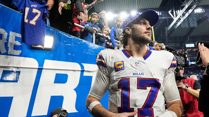 Buffalo Bills quarterback Josh Allen (17) exits the field after 48-42 win over Detroit Lions at Ford Field in Detroit on Sunday, Dec. 15, 2024.