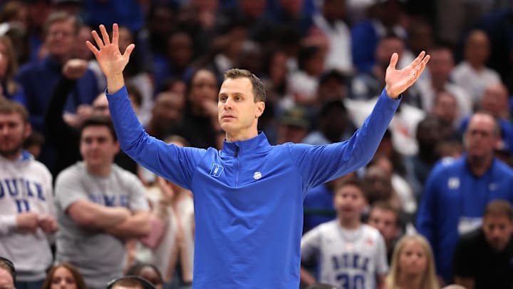 Mar 31, 2024; Dallas, TX, USA; Duke basketball head coach Jon Scheyer reacts in the second half