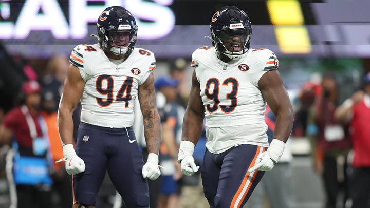 Oct 18, 2026; Atlanta, Georgia, USA;  Chicago Bears defensive tackle Kentavius Street (93) and defensive line Austin Booker (94) celebrates during the first quarter against the Atlanta Falcons at Mercedes-Benz Stadium.  Mandatory Credit: Brett Davis-Imagn Images