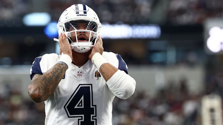 Oct 19, 2025; Arlington, Texas, USA; Dallas Cowboys quarterback Dak Prescott (4) looks on prior to the game against the Washington Commanders at AT&T Stadium. Mandatory Credit: Kevin Jairaj-Imagn Images