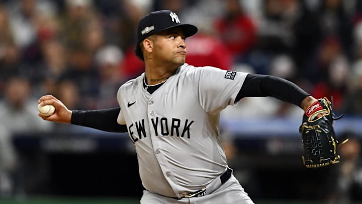 Oct 18, 2024; Cleveland, Ohio, USA; New York Yankees pitcher Luis Gil (81) pitches in the first inning against the Cleveland Guardians during game four of the ALCS for the 2024 MLB playoffs at Progressive Field. Mandatory Credit: Ken Blaze-Imagn Images Oct 18, 2024; Cleveland, Ohio, USA; New York Yankees pitcher Luis Gil (81) pitches in the first inning against the Cleveland Guardians during game four of the ALCS for the 2024 MLB playoffs at Progressive Field. Mandatory Credit: Ken Blaze-Imagn Images