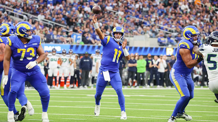 Los Angeles Rams Quarterback Jimmy Garoppolo (11) throws for a reception at SoFi Stadium as the Seattle Seahawks face off versus Los Angeles Rams Week 18 matchup. Los Angeles Rams Quarterback Jimmy Garoppolo (11) throws for a reception at SoFi Stadium as the Seattle Seahawks face off versus Los Angeles Rams Week 18 matchup.