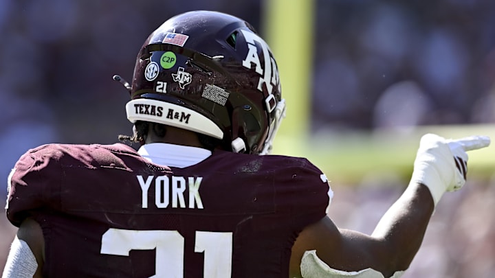 Sep 27, 2025; College Station, Texas, USA; Texas A&M Aggies linebacker Taurean York (21) reacts during the first half against the Auburn Tigers at Kyle Field. Mandatory Credit: Maria Lysaker-Imagn Images 