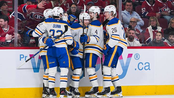 May 16, 2026; Montreal, Quebec, CAN; Buffalo Sabres center Konsta Helenius (94) celebrates with his teammates his goal against the Montreal Canadiens during the second period in game six of the second round of the 2026 Stanley Cup Playoffs at Bell Centre. Mandatory Credit: David Kirouac-Imagn Images May 16, 2026; Montreal, Quebec, CAN; Buffalo Sabres center Konsta Helenius (94) celebrates with his teammates his goal against the Montreal Canadiens during the second period in game six of the second round of the 2026 Stanley Cup Playoffs at Bell Centre. Mandatory Credit: David Kirouac-Imagn Images