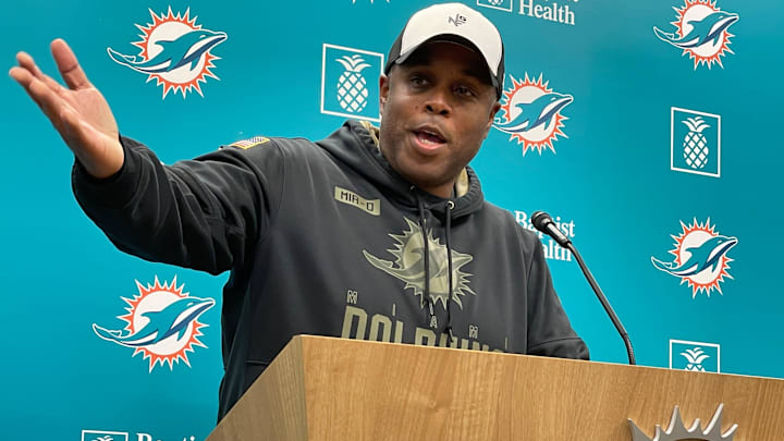 Dolphins general manager Chris Grier discusses the upcoming draft on Tuesday, April 16, 2024.