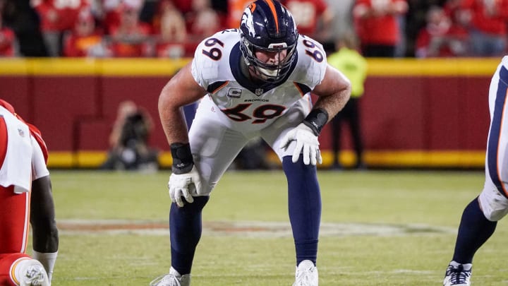 Oct 12, 2023; Kansas City, Missouri, USA; Denver Broncos offensive tackle Mike McGlinchey (69) lines up against the Kansas City Chiefs during the game at GEHA Field at Arrowhead Stadium. Mandatory Credit: Denny Medley-USA TODAY Sports Oct 12, 2023; Kansas City, Missouri, USA; Denver Broncos offensive tackle Mike McGlinchey (69) lines up against the Kansas City Chiefs during the game at GEHA Field at Arrowhead Stadium. Mandatory Credit: Denny Medley-USA TODAY Sports