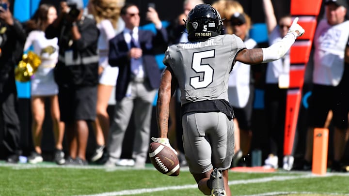 Colorado Buffaloes wide receiver Jimmy Horn Jr. heads to the sidelines celebrating his touchdown against the USC Trojans.