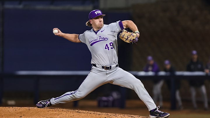 Feb. 15, 2025: TCU's Tommy LaPour on the mound against San Diego.