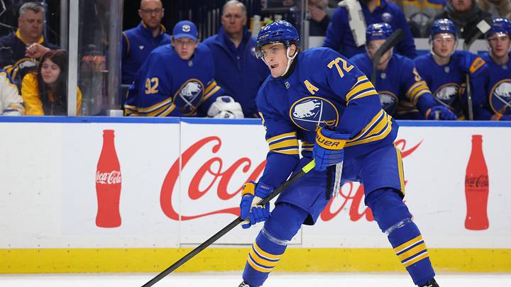 Jan 31, 2026; Buffalo, New York, USA;  Buffalo Sabres center Tage Thompson (72) looks to make a pass during the second period against the Montréal Canadiens at KeyBank Center. Mandatory Credit: Timothy T. Ludwig-Imagn Images
