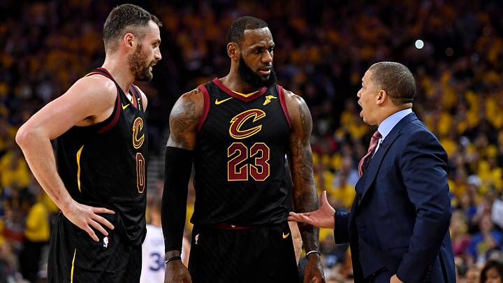 May 31, 2018; Oakland, CA, USA; Cleveland Cavaliers head coach Tyronn Lue talks with forward LeBron James (23) and center Kevin Love (0) during the first quarter against the Golden State Warriors in game one of the 2018 NBA Finals at Oracle Arena. Mandatory Credit: Kyle Terada-Imagn Images May 31, 2018; Oakland, CA, USA; Cleveland Cavaliers head coach Tyronn Lue talks with forward LeBron James (23) and center Kevin Love (0) during the first quarter against the Golden State Warriors in game one of the 2018 NBA Finals at Oracle Arena. Mandatory Credit: Kyle Terada-Imagn Images