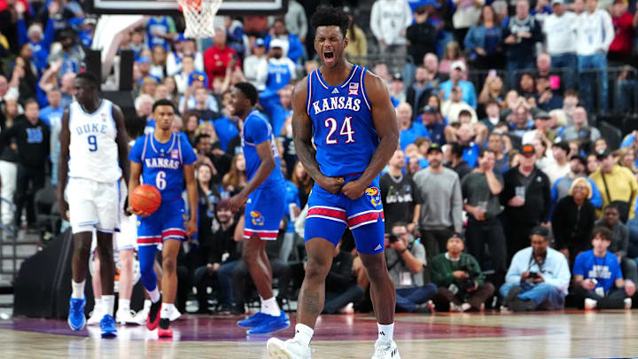 Kansas Jayhawks forward KJ Adams Jr. celebrates after making a play against the Duke Blue Devils.