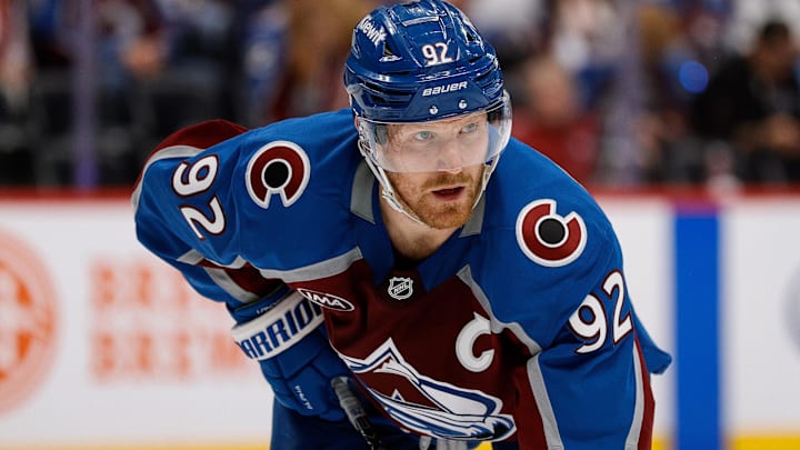 Apr 23, 2025; Denver, Colorado, USA; Colorado Avalanche left wing Gabriel Landeskog (92) in the second period against the Dallas Stars in game three of the first round of the 2025 Stanley Cup Playoffs at Ball Arena. Mandatory Credit: Isaiah J. Downing-Imagn Images