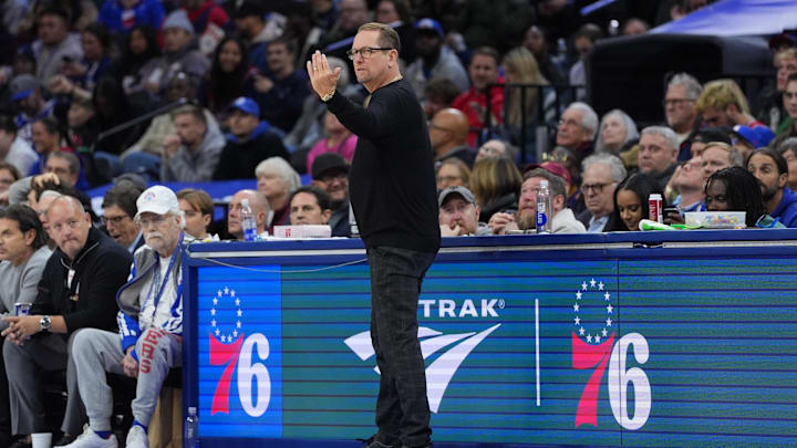 Philadelphia 76ers head coach Nick Nurse reacts against the Cleveland Cavaliers in the third quarter at Wells Fargo Center.