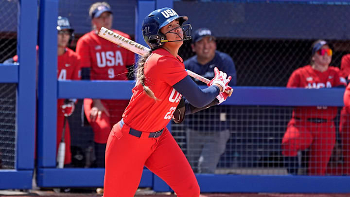Team USA infielder Tiare Jennings watches her hit during the USA Softball All-Star Showcase at Devon Park on June 27, 2025 in Oklahoma City.