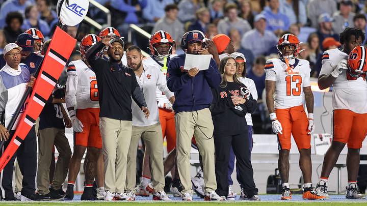 Oct 24, 2026; Chapel Hill, North Carolina, USA; Syracuse Orange head coach Fran Brown calls a play during the first half against North Carolina Tar Heels at Kenan Stadium. Mandatory Credit: Cory Knowlton-Imagn Images Oct 24, 2026; Chapel Hill, North Carolina, USA; Syracuse Orange head coach Fran Brown calls a play during the first half against North Carolina Tar Heels at Kenan Stadium. Mandatory Credit: Cory Knowlton-Imagn Images
