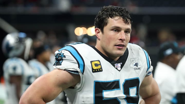 Dec 8, 2019; Atlanta, GA, USA; Carolina Panthers middle linebacker Luke Kuechly (59) reacts after a play in the fourth quarter against the Atlanta Falcons at Mercedes-Benz Stadium. Mandatory Credit: Jason Getz-Imagn Images
