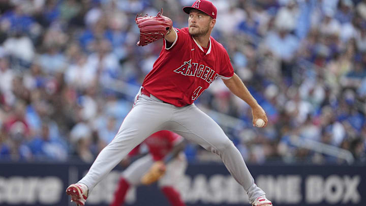 Jul 5, 2025; Toronto, Ontario, CAN; Los Angeles Angels pitcher Reid Detmers (48) pitches to the Toronto Blue Jays during the eighth inning at Rogers Centre. Mandatory Credit: John E. Sokolowski-Imagn Images Jul 5, 2025; Toronto, Ontario, CAN; Los Angeles Angels pitcher Reid Detmers (48) pitches to the Toronto Blue Jays during the eighth inning at Rogers Centre. Mandatory Credit: John E. Sokolowski-Imagn Images