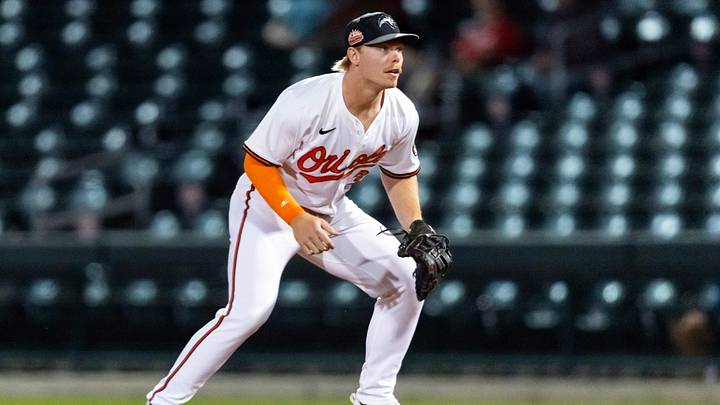Nov 9, 2025; Mesa, AZ, USA; Baltimore Orioles infielder/catcher Ethan Anderson during the Arizona Fall League Fall Stars Game at Sloan Park. Mandatory Credit: Mark J. Rebilas-Imagn Images