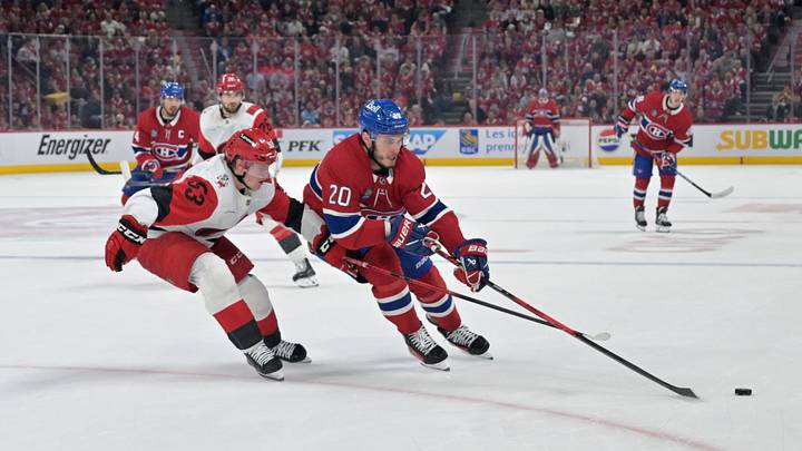 May 25, 2026; Montreal, Quebec, CAN; Montreal Canadiens left wing Juraj Slafkovsky (20) skates against Carolina Hurricanes right wing Jackson Blake (53) during the third period in game three of the Eastern Conference Final of the 2026 Stanley Cup Playoffs at Bell Centre. Mandatory Credit: Eric Bolte-Imagn Images May 25, 2026; Montreal, Quebec, CAN; Montreal Canadiens left wing Juraj Slafkovsky (20) skates against Carolina Hurricanes right wing Jackson Blake (53) during the third period in game three of the Eastern Conference Final of the 2026 Stanley Cup Playoffs at Bell Centre. Mandatory Credit: Eric Bolte-Imagn Images