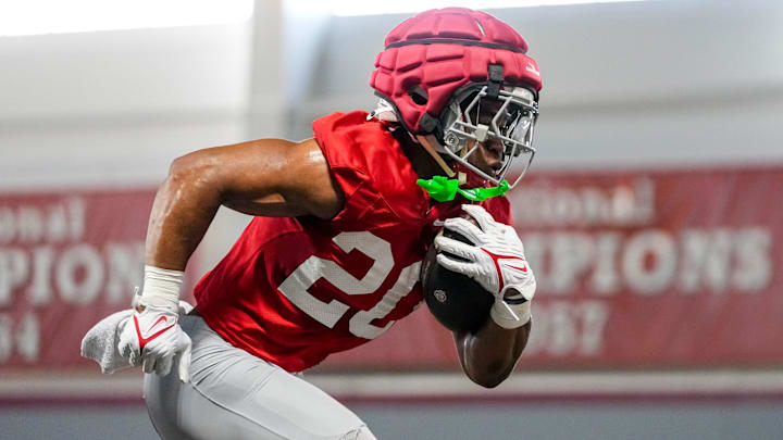 Ohio State Buckeyes running back James Peoples (20) runs during spring football practice at the Woody Hayes Athletic Center in Columbus on March 19, 2025.