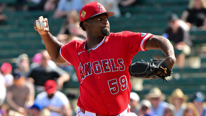 Feb 26, 2026; Tempe, Arizona, USA; Los Angeles Angels pitcher Jose Soriano (59) throws a pitch in the second inning against the Chicago Cubs at Tempe Diablo Stadium. Mandatory Credit: Matt Kartozian-Imagn Images
