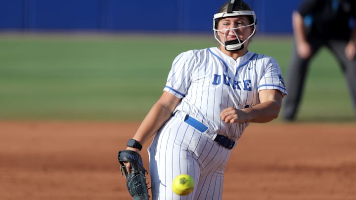 Duke's Cassidy Curd (19) pitches during a Women's College World Series softball game between the Alabama Crimson Tide and the Duke Blue Devils at Devon Park in Oklahoma City, Friday, May 31, 2024. Alabama won 2-1.