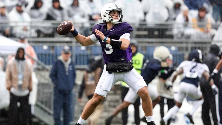 Penn State Nittany Lions quarterback Rocco Becht throws a pass during the Blue-White Spring game at Beaver Stadium. Penn State Nittany Lions quarterback Rocco Becht throws a pass during the Blue-White Spring game at Beaver Stadium.