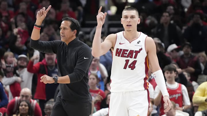 Apr 16, 2025; Chicago, Illinois, USA; Miami Heat guard Tyler Herro (14) and head coach Erik Spoelstra ask for a replay against the Chicago Bulls during the second half at United Center. Mandatory Credit: David Banks-Imagn Images Apr 16, 2025; Chicago, Illinois, USA; Miami Heat guard Tyler Herro (14) and head coach Erik Spoelstra ask for a replay against the Chicago Bulls during the second half at United Center. Mandatory Credit: David Banks-Imagn Images