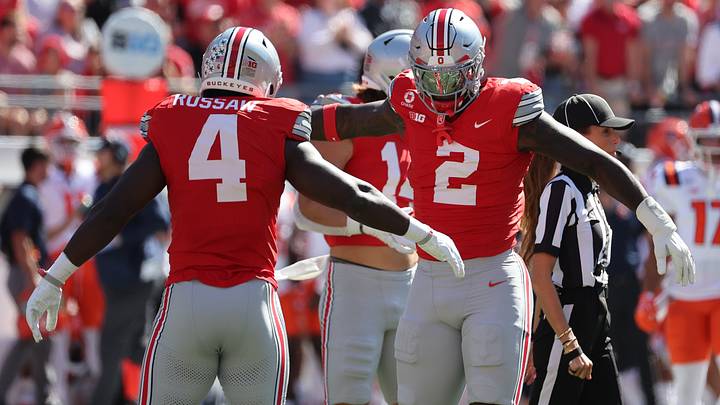 Sep 26, 2026; Columbus, Ohio, USA; Illinois Fighting Illini linebacker Daniel Brown (4) and defensive end Kenyatta Jackson Jr. (2) celebrate after a defensive stop during the first quarter at Ohio Stadium. Mandatory Credit: Joseph Maiorana-Imagn Images Sep 26, 2026; Columbus, Ohio, USA; Illinois Fighting Illini linebacker Daniel Brown (4) and defensive end Kenyatta Jackson Jr. (2) celebrate after a defensive stop during the first quarter at Ohio Stadium. Mandatory Credit: Joseph Maiorana-Imagn Images