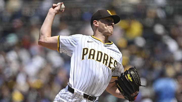 Apr 16, 2025; San Diego, California, USA; San Diego Padres starting pitcher Nick Pivetta (27) delivers during the second inning against the Chicago Cubs at Petco Park. 
