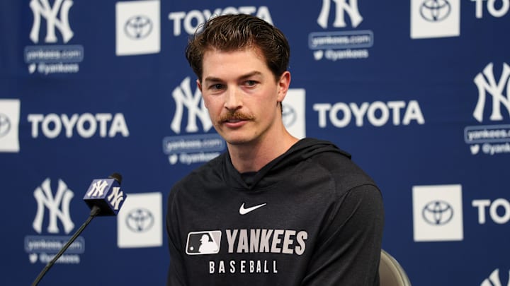 Feb 13, 2025; Tampa, FL, USA; New York Yankees pitcher Max Fried (54) gives a press conference during spring training workouts at George M. Steinbrenner Field. 