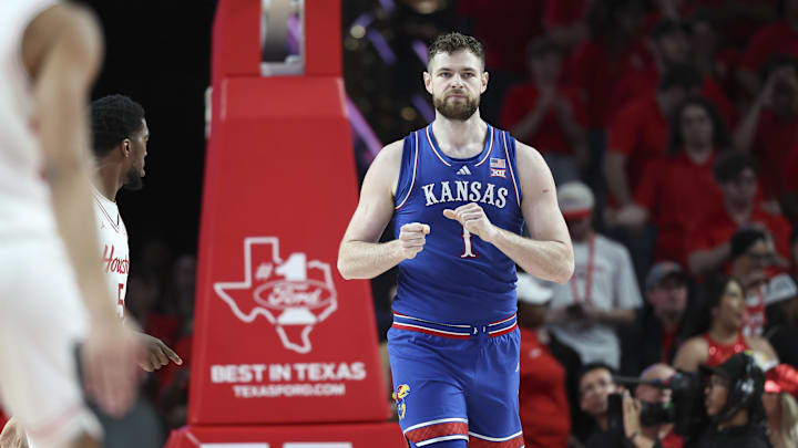 Mar 3, 2025; Houston, Texas, USA; Kansas Jayhawks center Hunter Dickinson (1) reacts after a play during the first half against the Houston Cougars at Fertitta Center. Mandatory Credit: Troy Taormina-Imagn Images