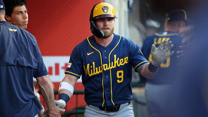 Aug 1, 2026; Anaheim, California, USA; Milwaukee Brewers right fielder Jake Bauers (9) is greeted in the dugout after hitting a home run during the fourth inning against the Los Angeles Angels at Angel Stadium. Mandatory Credit: Kiyoshi Mio-Imagn Images Aug 1, 2026; Anaheim, California, USA; Milwaukee Brewers right fielder Jake Bauers (9) is greeted in the dugout after hitting a home run during the fourth inning against the Los Angeles Angels at Angel Stadium. Mandatory Credit: Kiyoshi Mio-Imagn Images
