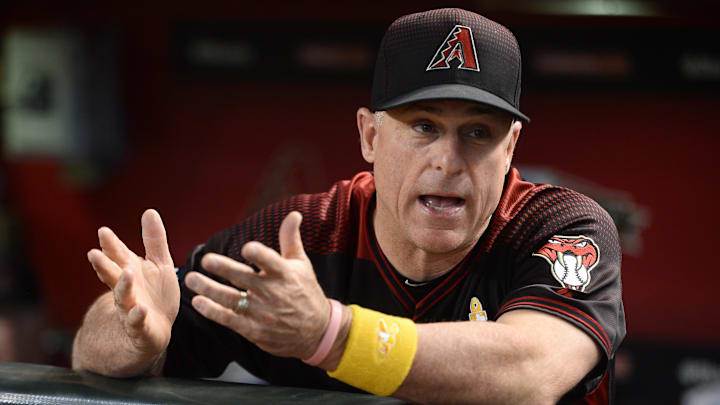 Sep 17, 2016; Phoenix, AZ, USA; Arizona Diamondbacks manager Chip Hale (3) looks on from the dugout prior to the game against the Los Angeles Dodgers at Chase Field. Mandatory Credit: Joe Camporeale-Imagn Images