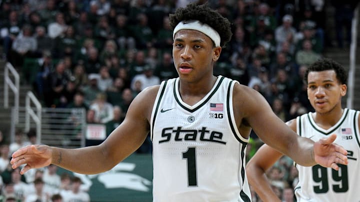 Dec 2, 2025; East Lansing, Michigan, USA; Michigan State Spartans guard Jeremy Fears Jr. (1) against the Iowa Hawkeyes at Jack Breslin Student Events Center. Mandatory Credit: Dale Young-Imagn Images Dec 2, 2025; East Lansing, Michigan, USA; Michigan State Spartans guard Jeremy Fears Jr. (1) against the Iowa Hawkeyes at Jack Breslin Student Events Center. Mandatory Credit: Dale Young-Imagn Images