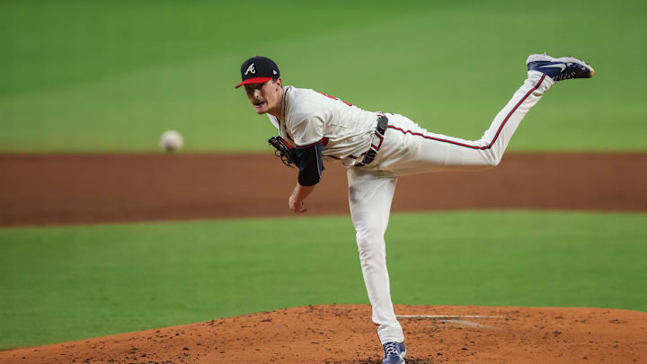 Sep 16, 2024; Atlanta, Georgia, USA; Atlanta Braves starting pitcher Max Fried (54) throws against the Los Angeles Dodgers in the third inning at Truist Park. Mandatory Credit: Brett Davis-Imagn Images
