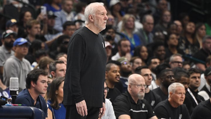 Oct 24, 2024; Dallas, Texas, USA; San Antonio Spurs head coach Gregg Popovich during the game between the Dallas Mavericks and the San Antonio Spurs at the American Airlines Center. Mandatory Credit: Jerome Miron-Imagn Images