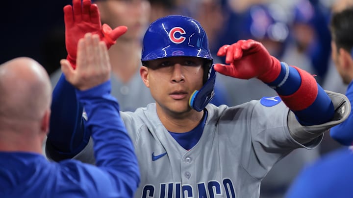 May 19, 2025; Miami, Florida, USA; Chicago Cubs catcher Miguel Amaya (9) celebrates with teammates after hitting a three-run home run against the Miami Marlins during the fourth inning at loanDepot Park. May 19, 2025; Miami, Florida, USA; Chicago Cubs catcher Miguel Amaya (9) celebrates with teammates after hitting a three-run home run against the Miami Marlins during the fourth inning at loanDepot Park.