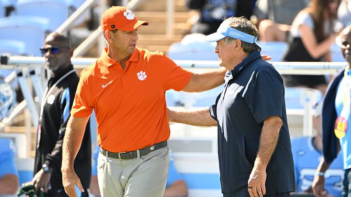 Oct 4, 2025; Chapel Hill, North Carolina, USA; Clemson Tigers head coach Dabo Swinney with North Carolina Tar Heels head coach Bill Belichick before the game at Kenan Stadium. Mandatory Credit: Bob Donnan-Imagn Images Oct 4, 2025; Chapel Hill, North Carolina, USA; Clemson Tigers head coach Dabo Swinney with North Carolina Tar Heels head coach Bill Belichick before the game at Kenan Stadium. Mandatory Credit: Bob Donnan-Imagn Images