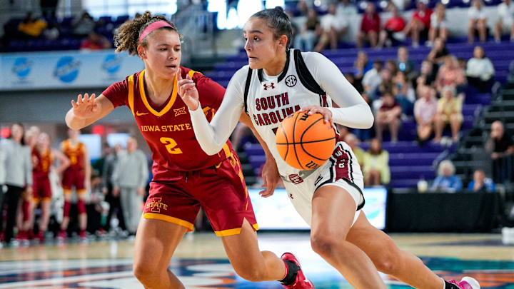 The South Carolina Gamecocks compete against the Iowa State Cyclones in a Fort Myers Tip-Off Island Division game at Suncoast Credit Union Arena in Fort Myers, Fla., on Thursday, Nov. 28, 2024. South Carolina won 76-36.