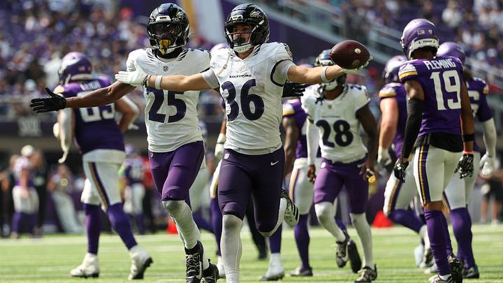 Aug 22, 2026; Minneapolis, Minnesota, USA; Baltimore Ravens safety Silas Walters (36) celebrates an interception against the Minnesota Vikings during the second half at U.S. Bank Stadium. Mandatory Credit: Matt Krohn-Imagn Images