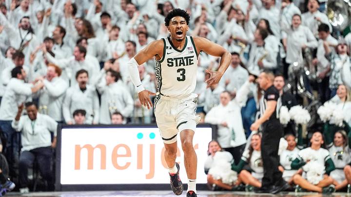 Michigan State guard Jaden Akins celebrates a 3-point basket against Michigan during the first half at Breslin Center in East Lansing on Sunday, March 9, 2025. Michigan State guard Jaden Akins celebrates a 3-point basket against Michigan during the first half at Breslin Center in East Lansing on Sunday, March 9, 2025.