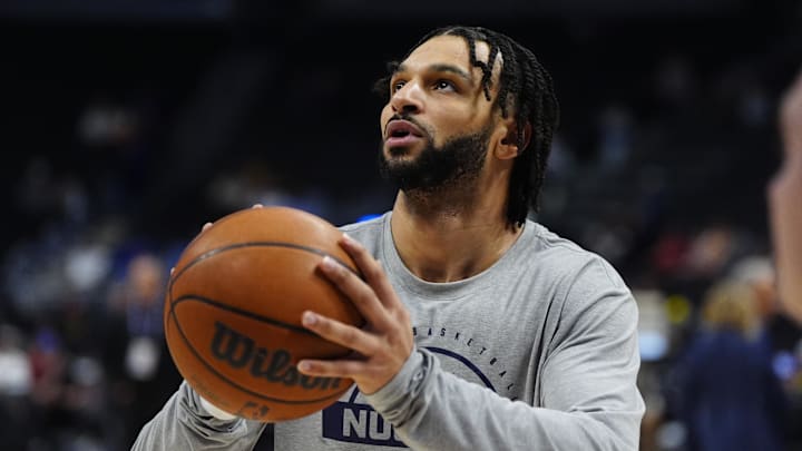 Jan 18, 2026; Denver, Colorado, USA; Denver Nuggets guard Jamal Murray (27) warms up before a game against the Charlotte Hornets at Ball Arena. Mandatory Credit: Ron Chenoy-Imagn Images