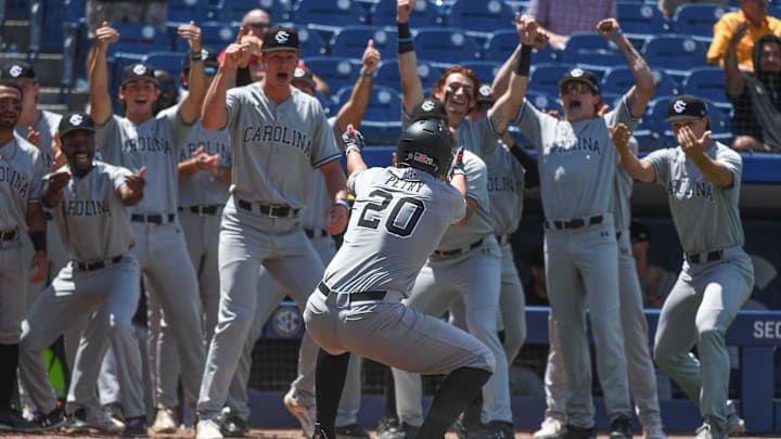 May 21 2024; Hoover, AL, USA; South Carolina hitter Ethan Petry celebrates his solo homer in the third inning agains Alabama at the Hoover Met on the opening day of the SEC Tournament. The Gamecocks hit three homers in the inning including a grand slam. May 21 2024; Hoover, AL, USA; South Carolina hitter Ethan Petry celebrates his solo homer in the third inning agains Alabama at the Hoover Met on the opening day of the SEC Tournament. The Gamecocks hit three homers in the inning including a grand slam.