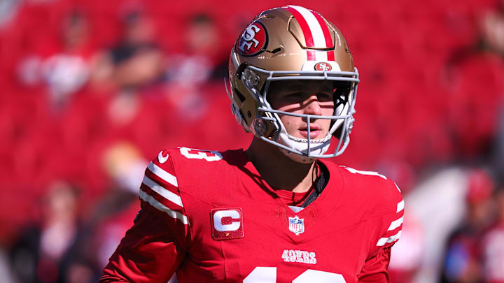 Oct 29, 2023; Santa Clara, California, USA; San Francisco 49ers quarterback Brock Purdy (13) before the game against the Cincinnati Bengals at Levi's Stadium. Mandatory Credit: Kelley L Cox-Imagn Images Oct 29, 2023; Santa Clara, California, USA; San Francisco 49ers quarterback Brock Purdy (13) before the game against the Cincinnati Bengals at Levi's Stadium. Mandatory Credit: Kelley L Cox-Imagn Images
