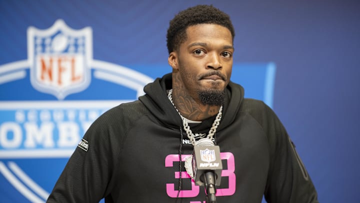 Feb 27, 2025; Indianapolis, IN, USA; Syracuse defensive back Alijah Clark (DB38) during the 2025 NFL Combine at Lucas Oil Stadium. Mandatory Credit: Tanner Pearson-Imagn Images