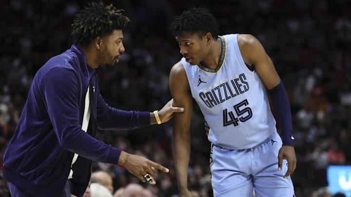 Jan 24, 2024; Miami, Florida, USA; Memphis Grizzlies guard Marcus Smart (36) talks to forward GG